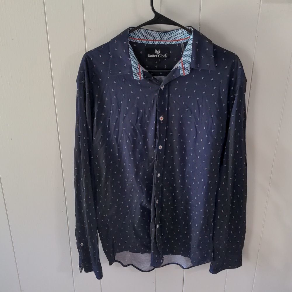 Buttercloth Shirt Men's L Blue Geometric Long Sleeve Button Down Flip Cuff